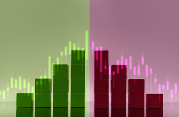 Obraz premium Green and red bar charts with fluctuating lines. Volatile market, economic uncertainty