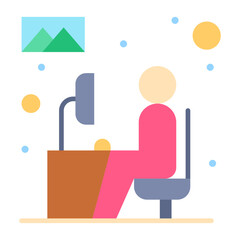 Fototapeta premium Digital Workspace Illustration: An abstract representation of an individual engrossed in digital work at a desk, with a monitor displaying an image.