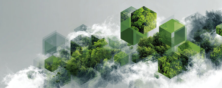 Digital background with green forest cubes and floating eco technology forms