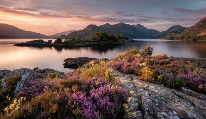 Vivid landscape lake, islands, and mountains are bathed in the golden light of sunrise or sunset