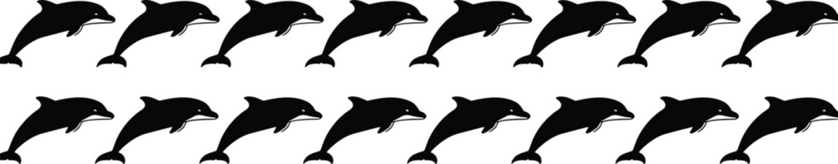 Obraz premium Black dolphin silhouettes set in two rows, marine life jumping, aquatic mammal icons, ocean wildlife vector illustration isolated on white background, creative 