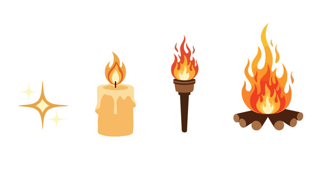 Set of four distinct fire and light sources, from a spark to a bonfire.