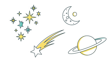 Hand-drawn celestial objects - stars, moon, comet, and Saturn. © Muginandaru