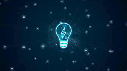 Llight bulb icon representing innovation, creative ideas, and digital transformation within a futuristic technology network background.