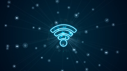 Wifi icon symbolizing wireless connectivity, internet access, and digital communication on a futuristic technology network background.