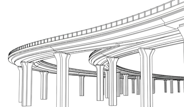 A detailed illustration of a multilevel highway interchange with pillars and ramps