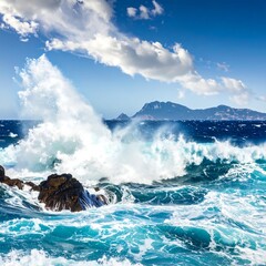 Turbulent ocean waves crash against dark rocks under a blue sky with scattered clouds, distant mountain visible