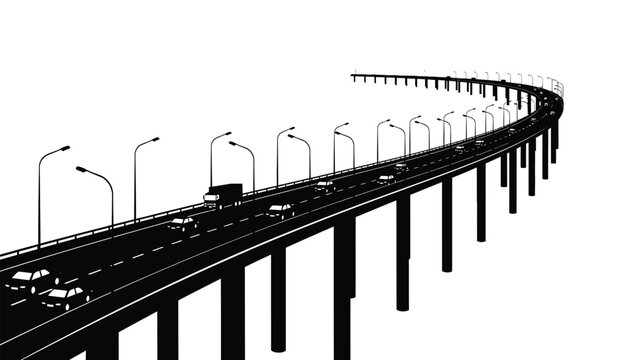 A black and white illustration of a highway bridge with streetlights