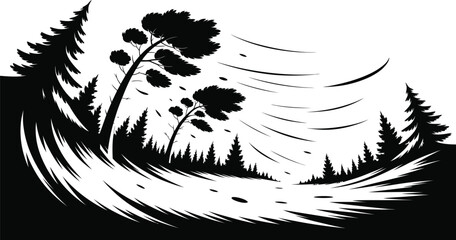 Stylized strong wind severely bends tall pine trees in a dark forest during a natural disaster event.
