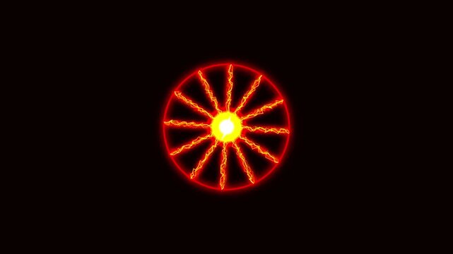 Rotating red electric wheel energy sun animation. Glowing lightning spokes with a bright yellow power center. Mystic dharma chakra wheel of fire effect