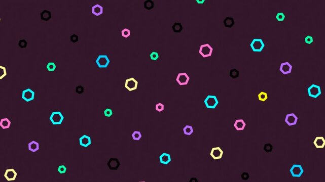 A vibrant and playful digital pattern featuring an array of small, colorful outlined hexagons and circles scattered randomly across a dark purple background.