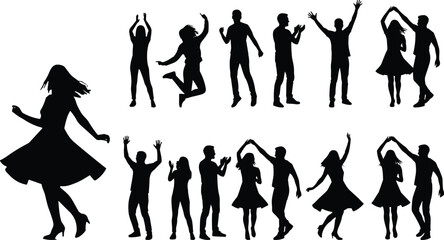 Obraz premium Black Silhouettes of People Dancing and Celebrating, Happy Men and Women in Various Joyful Poses Isolated on White Background Vector