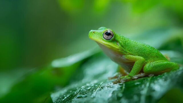 Small green tree frog perched on a wet leaf in lush jungle foliage macro photography of wildlife and nature