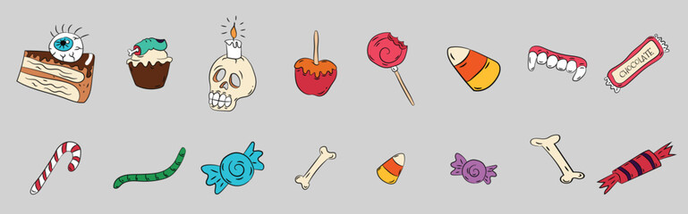 Holiday sweets collection Charming and cute hand drawn vector treats in flat style. Halloween candies set. Whimsical Halloween sweets isolated on white  vector illustration. © Junaidullah