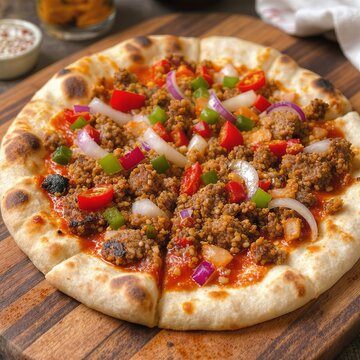 Turkish flatbread topped with minced meat onions peppers and spi