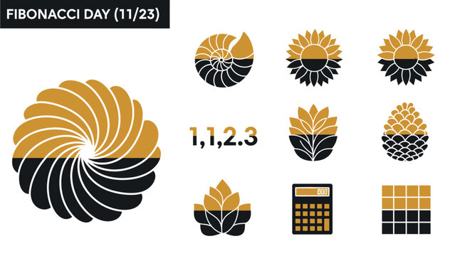 Graphic illustrating Fibonacci Day 1123 with patterns numbers and natural objects