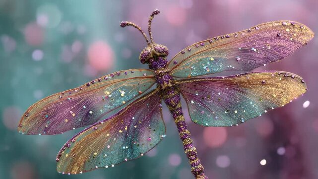A dragonfly with vibrant purple and gold colors is depicted, showcasing its delicate wings and intricate body details.