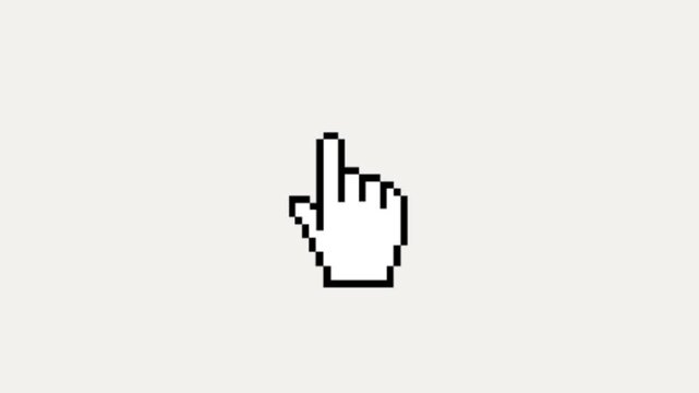 A classic 8-bit pixel art hand cursor clicks repeatedly, serving as a nostalgic and effective call-to-action for digital interfaces