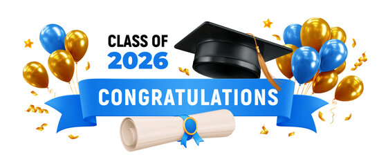 Congratulations graduates logo, with 3d graduation cap, ribbon, blue and golden balloons and diploma for high school graduate, university or college graduation. Vector illustration © Pagina