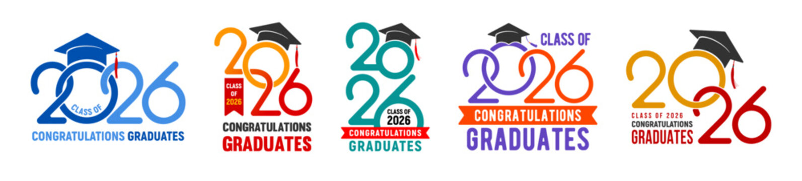 Class of 2026, set of logo, badges for congratulations graduates, or other education events, with academic hat and numbers for high school, university, college graduation. Vector illustration