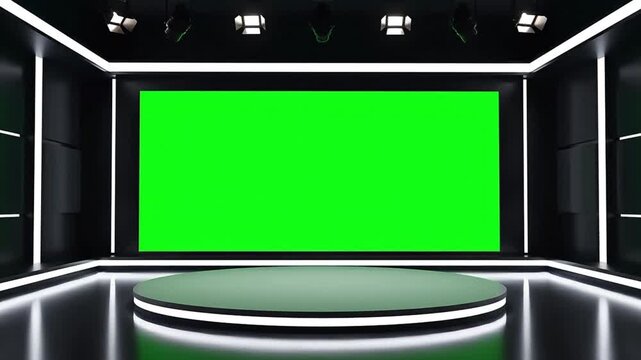 Modern Virtual News Studio with Green Screen, Circular Podium and Neon Lighting - 4K Loopable 3D Render