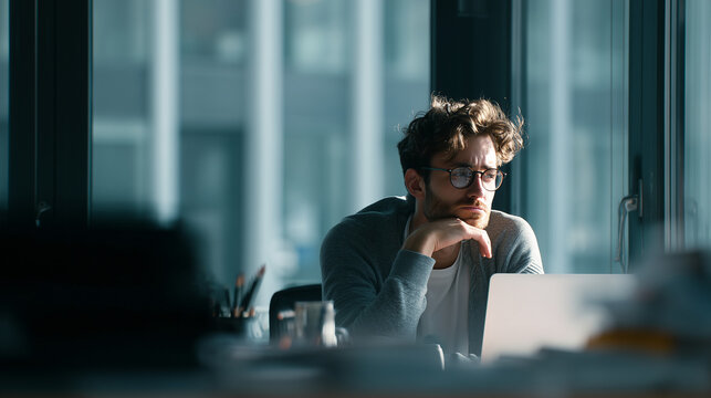 A tired male office worker with glasses sitting alone at a desk with a laptop, looking out the window with a pensive expression in a moody, modern office.