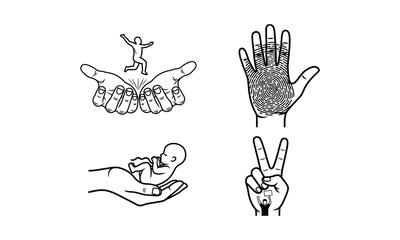 Fototapeta premium Hands protect baby, fingerprint, human figure on hands, peace symbol