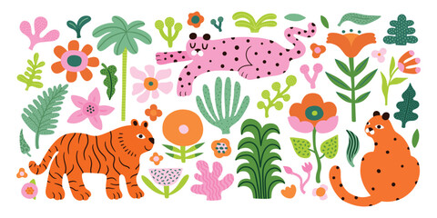 Stickers exotic tropical leaves and wild leopards, jungle plants, tiger, palm trees, leaves and flowers. Set of vector jungle stickers in modern simple doodle style. © Anna