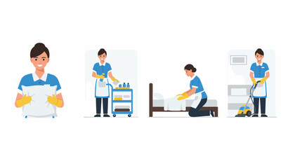 Fototapeta premium Four illustrations depicting a female hotel housekeeper performing various duties such as holding a pillow, pushing a cart, making a bed, and vacuuming a room.