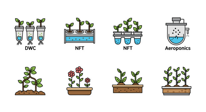 A comprehensive collection of diverse hydroponic and plant growth systems, illustrating various modern agricultural techniques and sustainable farming methods with clear, informative icons.