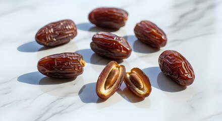 Obraz premium A close-up shot of plump, ripe Medjool dates, with one split in half to reveal its sweet flesh and pit, scattered on a white marble surface