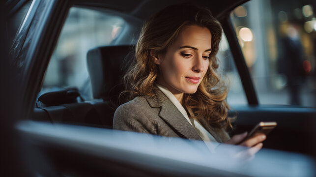 Front view of a professional businesswoman with wavy hair riding in the back seat of a taxi while checking her smartphone during a city commute at dusk.