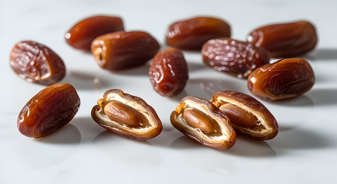 A vibrant close-up of delicious, naturally sweet dates, featuring both whole fruits and cut-open halves that reveal their succulent texture and central pits, perfect for a healthy snack or ingredient