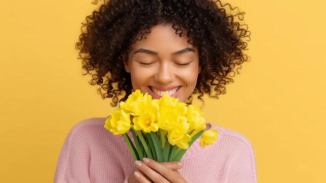 A young woman holds a bouquet of cheerful yellow flowers, savoring their fragrance with a blissful smile. The vibrant yellow backdrop amplifies her happiness in this joyful moment of nature&rsquo;s beauty