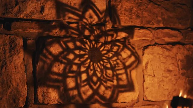 Intricate star shadow pattern projected on a rustic stone wall by firelight.