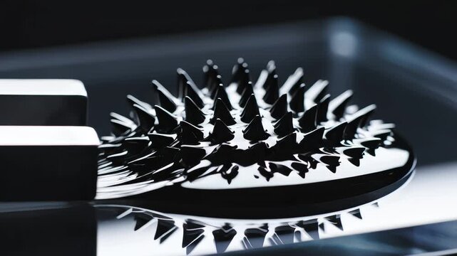 Macro shot of black ferrofluid spikes reacting to magnetic field on reflective surface