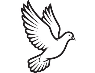 Fototapeta premium Dove bird with wings outstretched in flight, simple black outline symbol representing peace, spirituality, and freedom, with detailed feathers and natural posture.