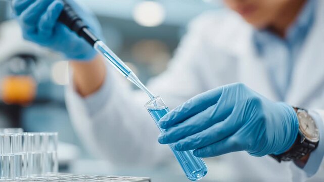 In a bustling laboratory, a dedicated scientist skillfully uses a pipette to blend bright blue solutions into test tubes. This captivating moment highlights the beauty of scientific exploration