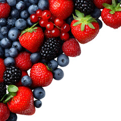 Obraz premium A vibrant assortment of various fresh berries, including strawberries, blueberries, raspberries, blackberries, and red currants, presented in a close-up shot