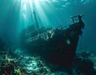 A sunken ship on the ocean floor with sunlight filtering through