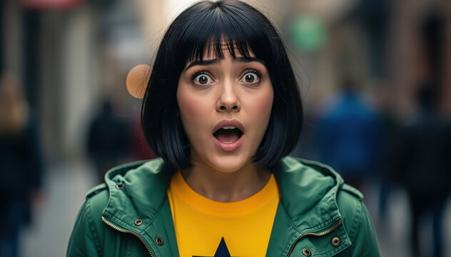 Surprised Urban Encounter: A young woman with a striking bob cut and a look of stunned surprise stands amidst a blurred urban backdrop, her expression capturing a moment of shock or astonishment.
