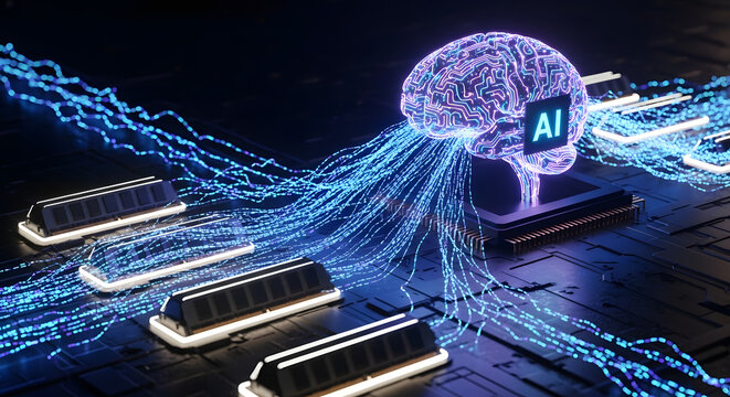 A glowing holographic human brain with "AI" text at its core emits vibrant blue data streams connecting to multiple processing units on a dark circuit board.