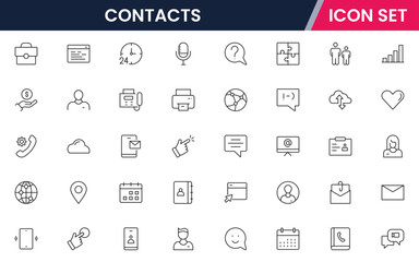 Contacts icons depicting address books, phone directories, profiles, communication, emails, phone calls, networking, connections, user information, social links, personal contacts, organization, manag