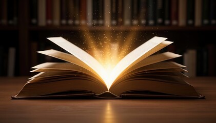 Fototapeta premium Illuminated Pages: An open book glows with inner light, suggesting the transformative power of knowledge and the beauty within words. 
