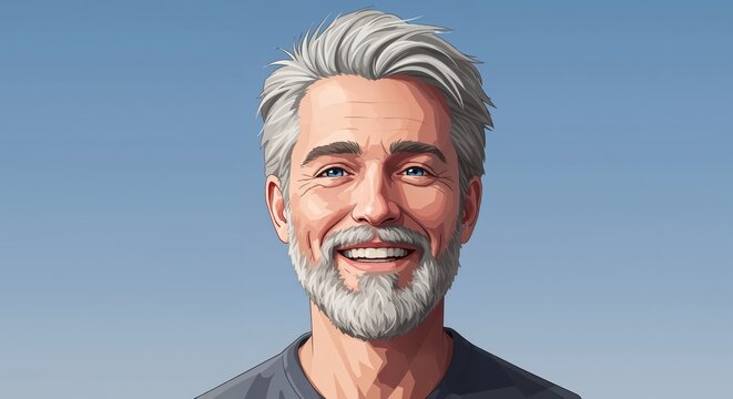 Portrait of Serenity: An animated portrait of an older person with a serene expression, a silver beard and a genuine smile, radiating peace and wisdom.