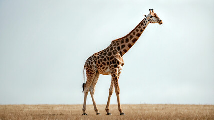 Obraz premium a lone giraffe in a dry grassland with a cloudy sky