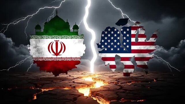 Conflict and tension between Iran and the United States are symbolized by images of flags and lightning, and cracked ground.