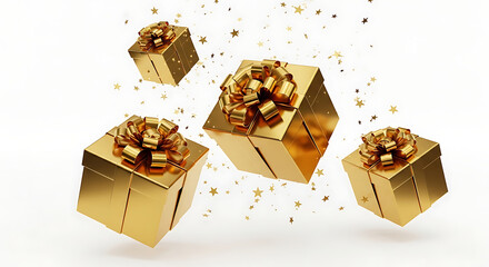 golden gifts with shiny bows and scattered metallic star confetti on a clean white background for luxury holiday promotions.