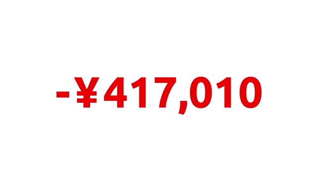 Count-down Japanese Yen animation from 0 to -1000000 JPY. White, black, Green Screen background. Monetary amount or pricing. Animation starts and ends gently with ease-in and ease-out transition.