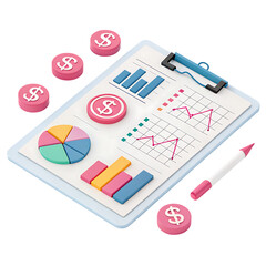 Financial analysis with colorful graphs and dollar signs on clipboard